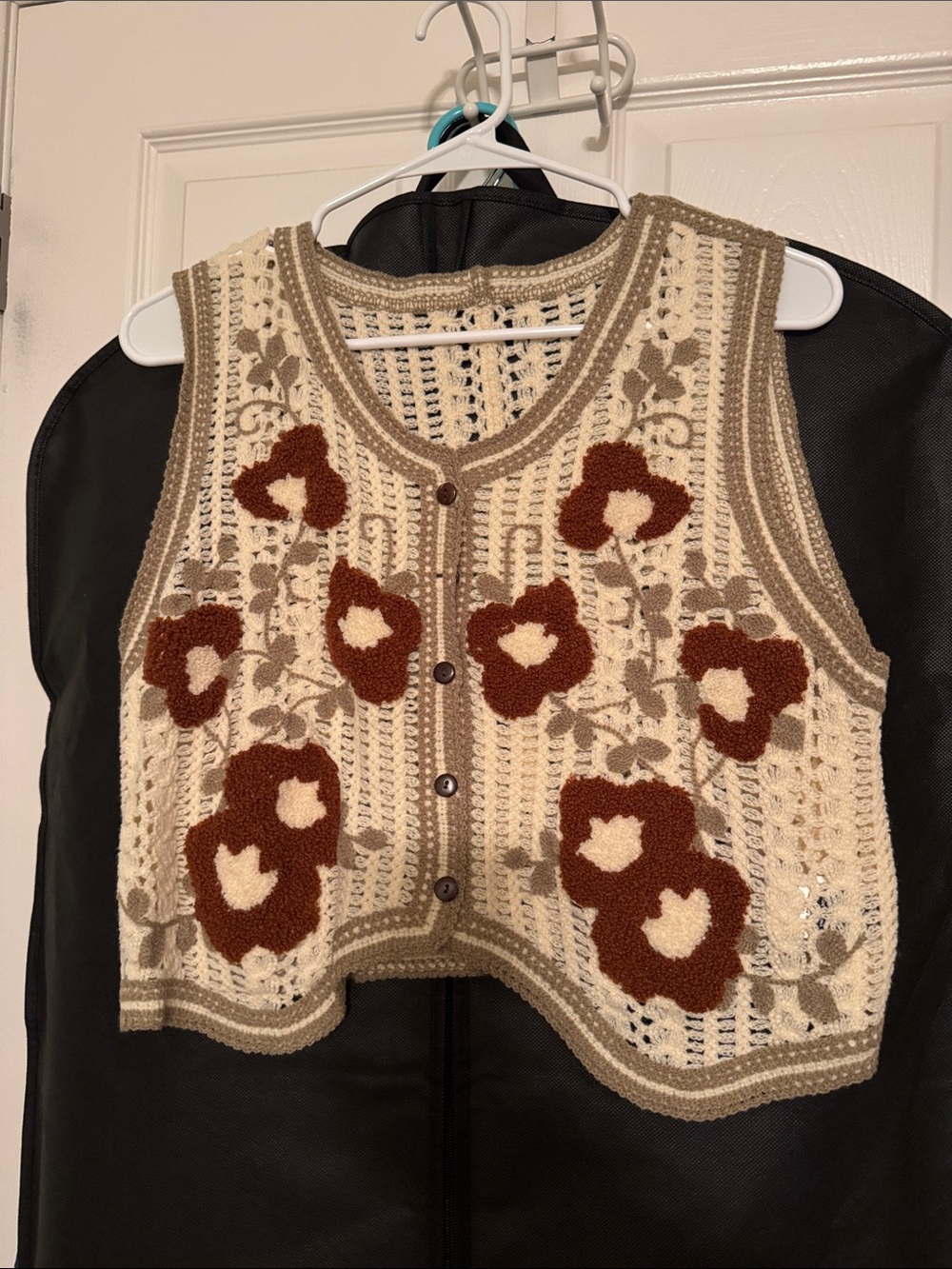 Crochet Floral Button-Up Vest in Cream and Brown